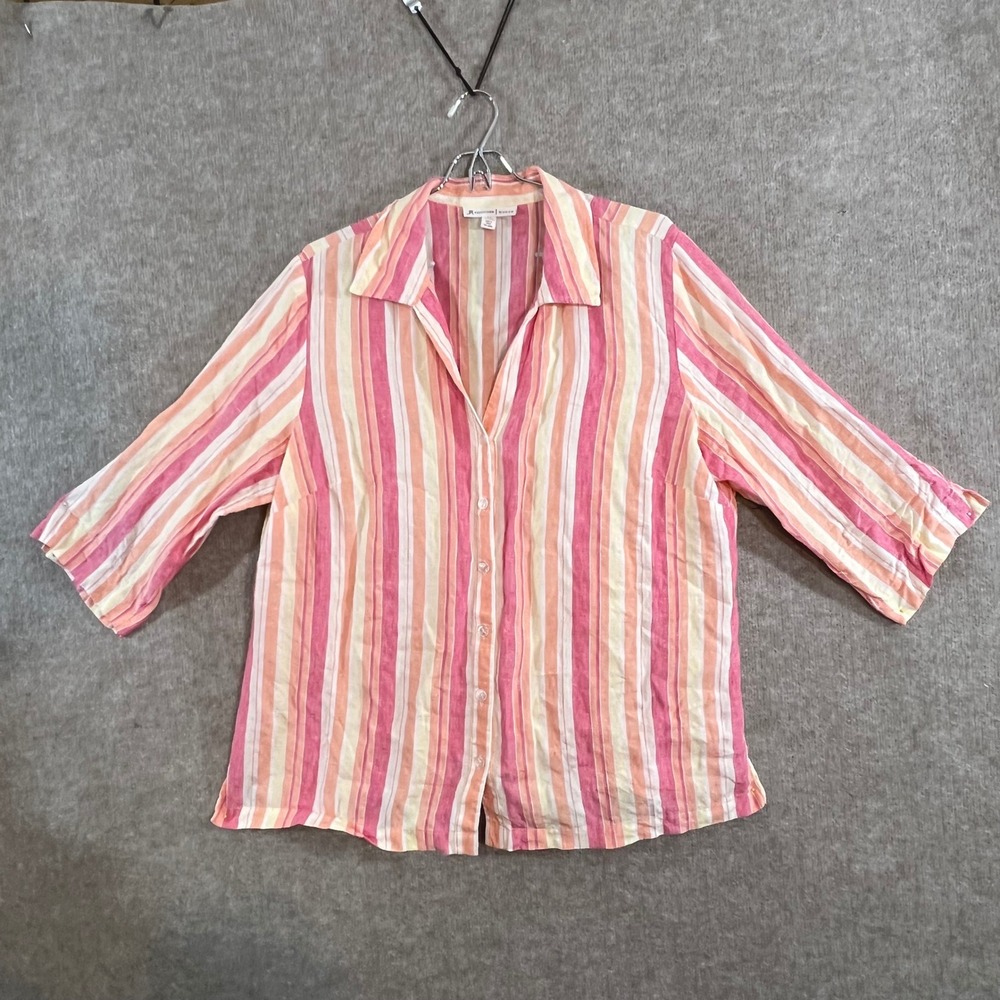 JM Collection Woman Shirt Women 16W Pink Striped 100% Linen Coastal Preppy